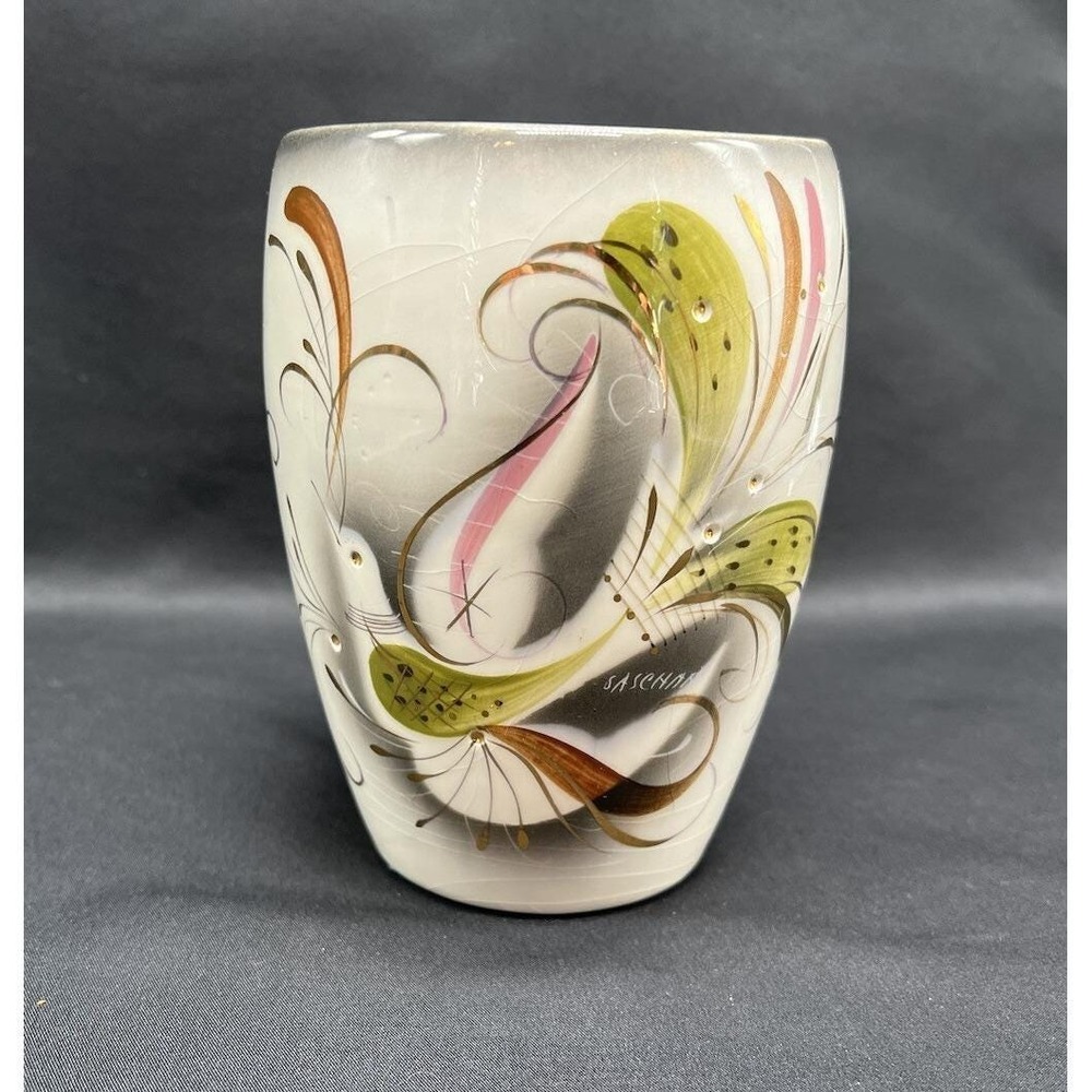 Sascha Brastoff California P20 Ceramic Vase Hand Painted Bird MCM 6.25"